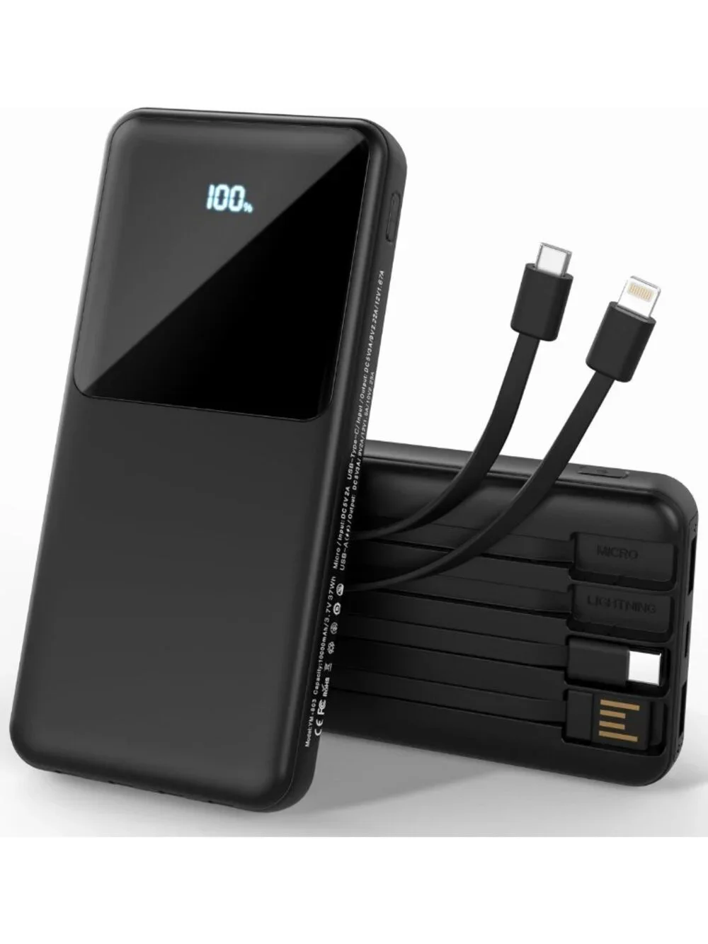 Slim 10000mAh Portable Charger with Built-in Cables, Fast Charging Power Bank, 6